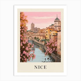 Nice France 5 Vintage Pink Travel Illustration Poster Art Print