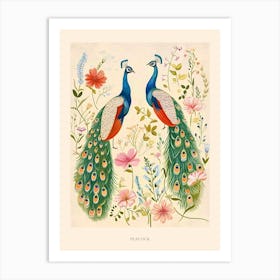 Folksy Floral Animal Drawing Peacock Poster Art Print