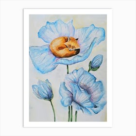 Fox With Blue Flower Art Print