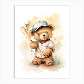 Baseball Teddy Bear Painting Watercolour 1 Art Print