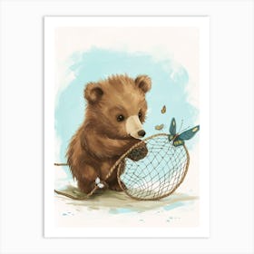 Brown Bear Cub Playing With A Butterfly Net Storybook Illustration 4 Art Print