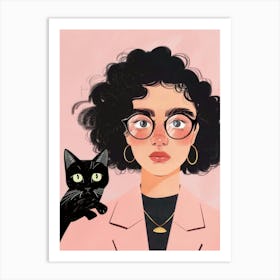 Girl With Glasses And A Cat Art Print