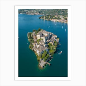 Lake Orta, island San Giulio. Piedmont, Italy. Drone photography Art Print