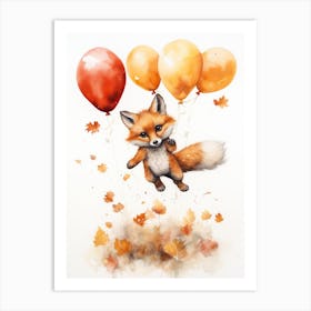 Red Fox Flying With Autumn Fall Pumpkins And Balloons Watercolour Nursery 3 Art Print