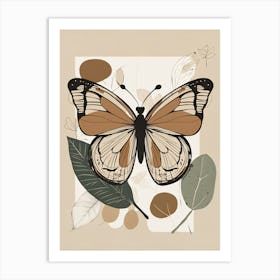 Boho Minimalist Butterfly with Leaves v4 Art Print