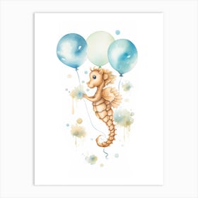 Baby Seahorse Flying With Ballons, Watercolour Nursery Art 4 Art Print