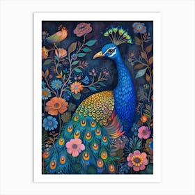 Whimsical Floral Portrait Of A Peacock 1 Art Print