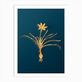 Vintage Rain Lily Botanical in Gold on Teal Blue n.0009 Art Print