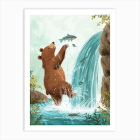 Brown Bear Catching Fish In A Waterfall Storybook Illustration 4 Art Print