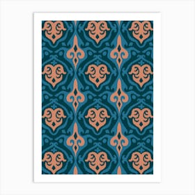 JAVA Boho Ikat Woven Texture Style in Exotic Blue and Blush Sand on Dark Teal Blue Art Print