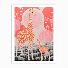 Giraffe & Calf Pink 3 Art Print