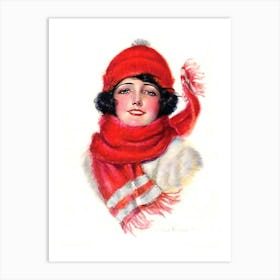 Portrait Of A Smiling Young Woman In Winter cap And A Shawl Art Print