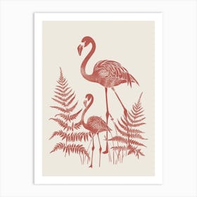 American Flamingo And Ferns Minimalist Illustration 3 Art Print