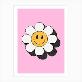 Pink Retro Smiley Flower Art Print