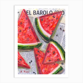 Red Watermelon Slices On Newspaper Minimal Food Kitchen Fruit Painting  Art Print