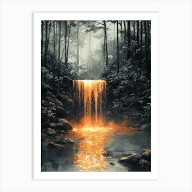 Waterfall In The Forest, Romantic Monochrome Charcoal style Poster