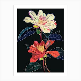 Neon Flowers On Black Camellia 1 Art Print