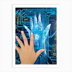 Cyber Abstract Digital Painting Of A Human Hand And A Robotic Hand Almost Touching Against A Backdro (5) Art Print