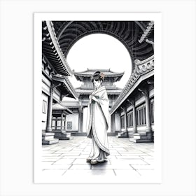 Anime Geisha In Temple - Sketch Drawing Art Print