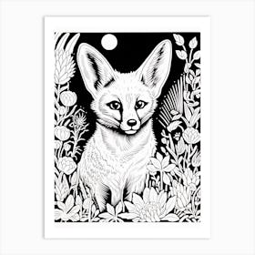Fox In The Forest Linocut White Illustration 18 Art Print