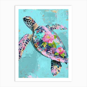 Floral Textured Sea Turtle Aqua Art Print