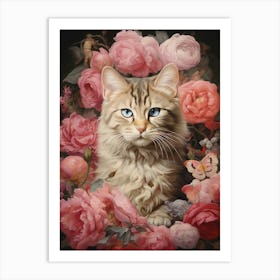 Pink Floral Butterfly Rococo Cat Art Print