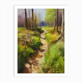 Path In The Woods.Canada's forests. Dirt path. Spring flowers. Forest trees. Artwork. Oil on canvas.8 Art Print