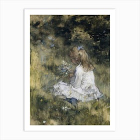 A Girl with Flowers on the Grass art print Art Print