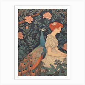 Floral Peacock With Red Haired Woman Vintage Wallpaper Inspired 1 Art Print