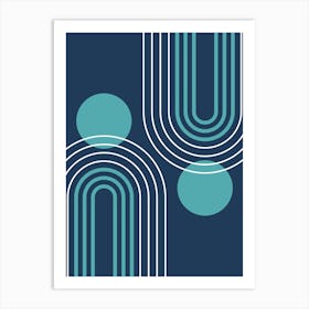 Mid Century Modern Geometric B29 In Navy Blue And Teal (Rainbow And Sun Abstract) 01 Art Print