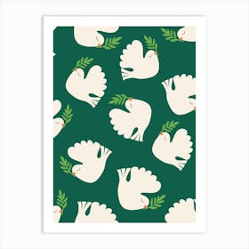 Flying Doves of Peace on Pine Green Art Print