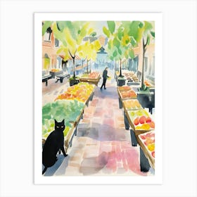 Food Market With Cats In Copenhagen 1 Watercolour Art Print