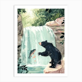 American Black Bear Catching Fish In A Waterfall Storybook Illustration 4 Art Print