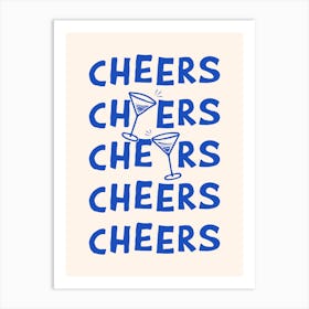 Cheers Cocktail Drinks in Blue and Linen White Art Print