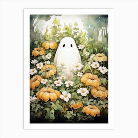 Cute Bedsheet Ghost, Botanical Halloween Watercolour 38 Art Print