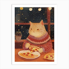 Cat In A Sweater Pizza Lover Folk Illustration 1 Art Print