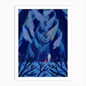 Forest At Night And Lonely Fire Art Print
