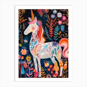 Floral Folky Unicorn In The Meadow 1 Art Print