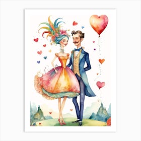 Couple Holding Heart Balloons Valentine's Day water Color caricature , Love Art Print