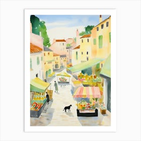 Food Market With Cats In Sintra 1 Watercolour Art Print