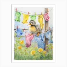 Duckling On The Washing Line Pastel Illustration 1 Art Print