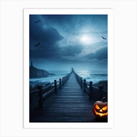 Halloween Themed Coastal Landscape During Dusk Featuring A Jack O Lantern With A Glowing Eye Perched (1) 2 Art Print