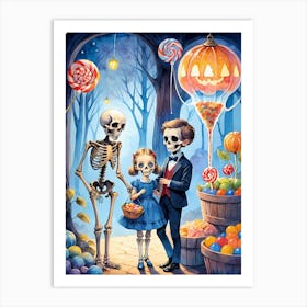 Cute Halloween Skeleton Family Painting (14) Art Print