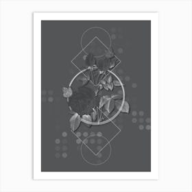 Vintage White Bengal Rose Botanical with Line Motif and Dot Pattern in Ghost Gray n.0015 Art Print