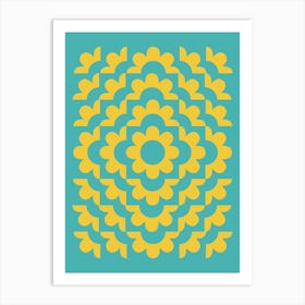 Midcentury Modern Abstract Geometric Flower Pattern Floral in blue teal mustard 2 Art Print