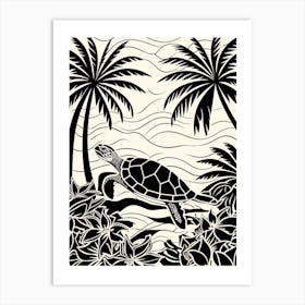 Modern Digital Sea Turtle Illustration Palm Trees 5 Art Print