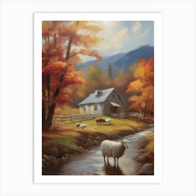 Sheep In The Stream Art Print