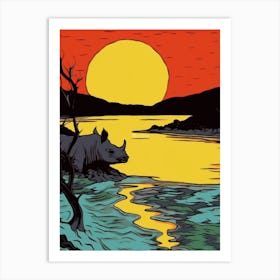 Linework Illustration With Rhino By The Sunset 2 Art Print