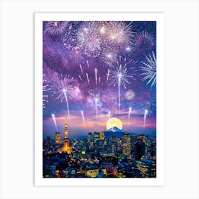 Fireworks And Mount Fuji In Japan Art Print