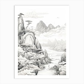 Yakushima Island In Kagoshima, Ukiyo E Black And White Line Art Drawing 1 Art Print